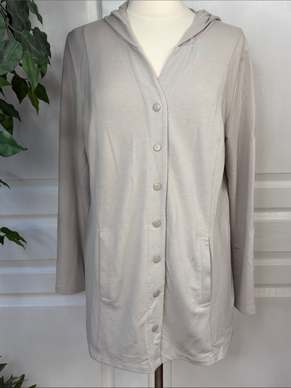 Denim & Co. Active French Terry Hooded Cardigan w/ Snap Front ~ Stone